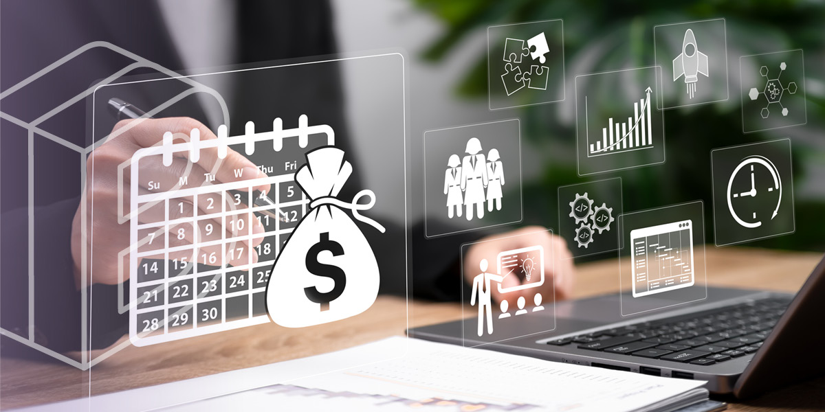 Banner Image: Someone sitting at a desk with a pen and laptop with financial clip art imagery overlaid on top